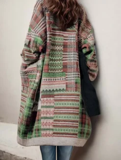Women's Long Cardigan Collared Knit Pocket Fall Winter Outdoor Cool Stylish Vintage Style Long Sleeve Geometric Striped Green