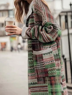 Women's Long Cardigan Collared Knit Pocket Fall Winter Outdoor Cool Stylish Vintage Style Long Sleeve Geometric Striped Green