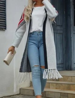 Women's Long Cardigan Open Front Knit Tassel Fall Winter Outdoor Going out Weekend Fashion Daily Long Sleeve Geometric Black Camel