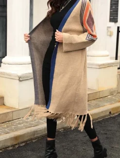 Women's Long Cardigan Open Front Knit Tassel Fall Winter Outdoor Going out Weekend Fashion Daily Long Sleeve Geometric Black Camel