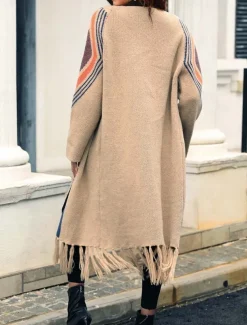 Women's Long Cardigan Open Front Knit Tassel Fall Winter Outdoor Going out Weekend Fashion Daily Long Sleeve Geometric Black Camel