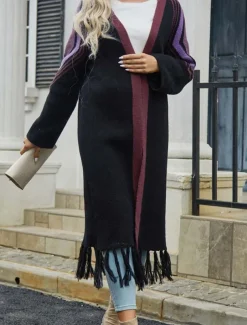 Women's Long Cardigan Open Front Knit Tassel Fall Winter Outdoor Going out Weekend Fashion Daily Long Sleeve Geometric Black Camel