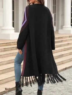 Women's Long Cardigan Open Front Knit Tassel Fall Winter Outdoor Going out Weekend Fashion Daily Long Sleeve Geometric Black Camel