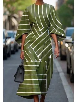 Women's Long Dress Maxi Dress Casual Dress Summer Dress Fashion Modern Daily Date Weekend Regular Fit Geometric 3/4 Length Sleeve Crew Neck Black Yellow Light Green Pink Summer