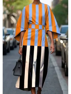 Women's Long Dress Maxi Dress Casual Dress Summer Dress Fashion Modern Daily Date Weekend Regular Fit Geometric 3/4 Length Sleeve Crew Neck Black Yellow Light Green Pink Summer