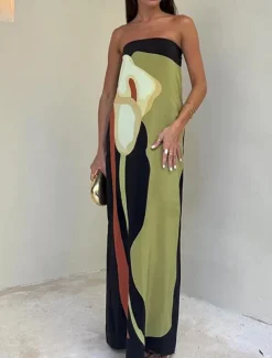 Women's Long Dress Maxi Dress Cocktail Dress Print Dress Fashion Modern Vacation Holiday Tea Party Regular Fit Color Block Sleeveless Strapless Green Summer