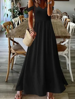 Women's Long Dress Maxi Dress Casual Dress Swing Dress Fashion Outdoor Party Holiday Regular Fit Plain Sleeveless V Neck Black Red Green Summer