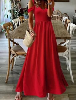 Women's Long Dress Maxi Dress Casual Dress Swing Dress Fashion Outdoor Party Holiday Regular Fit Plain Sleeveless V Neck Black Red Green Summer
