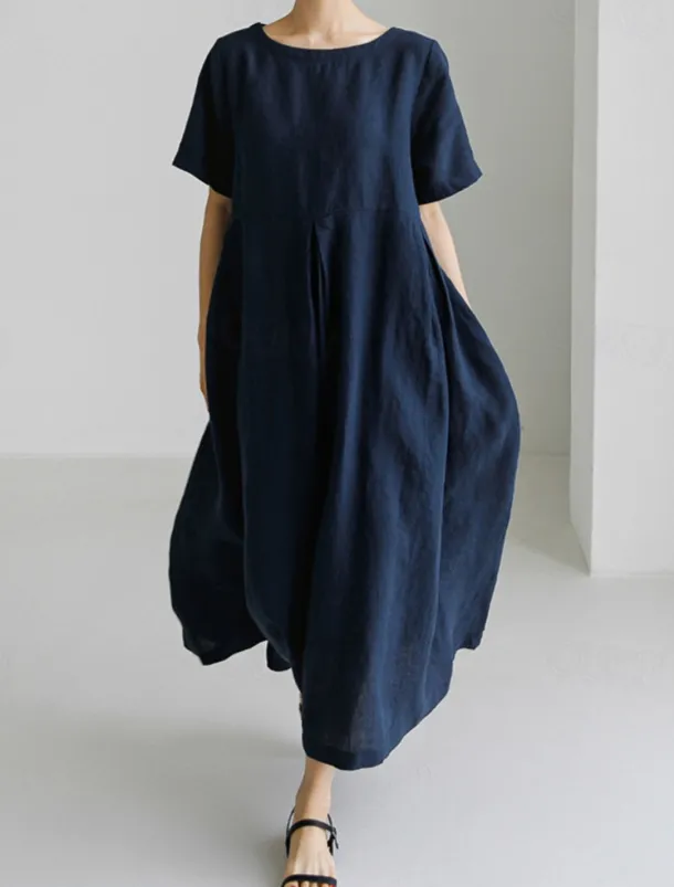Women's Long Dress Maxi Dress Linen-Inspired Dresses Casual Dress Cotton Linen Dress Stylish Casual Vacation Daily Date Regular Fit Plain Short Sleeve Crew Neck Navy Blue Dark Green Apricot Summer