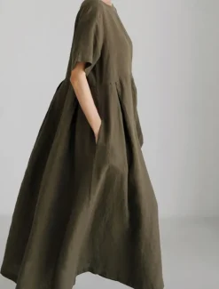 Women's Long Dress Maxi Dress Linen-Inspired Dresses Casual Dress Cotton Linen Dress Stylish Casual Vacation Daily Date Regular Fit Plain Short Sleeve Crew Neck Navy Blue Dark Green Apricot Summer