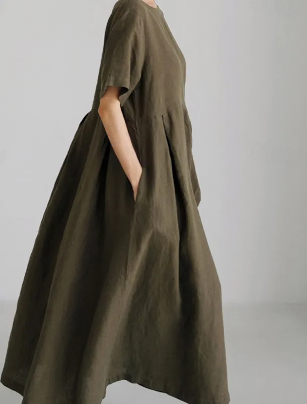 Women's Long Dress Maxi Dress Linen-Inspired Dresses Casual Dress Cotton Linen Dress Stylish Casual Vacation Daily Date Regular Fit Plain Short Sleeve Crew Neck Navy Blue Dark Green Apricot Summer