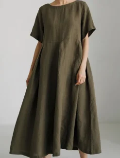 Women's Long Dress Maxi Dress Linen-Inspired Dresses Casual Dress Cotton Linen Dress Stylish Casual Vacation Daily Date Regular Fit Plain Short Sleeve Crew Neck Navy Blue Dark Green Apricot Summer