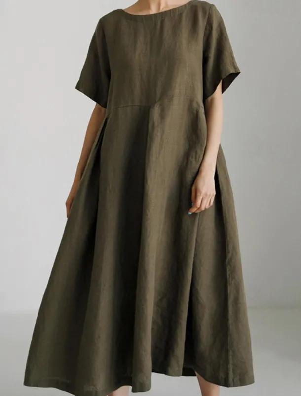 Women's Long Dress Maxi Dress Linen-Inspired Dresses Casual Dress Cotton Linen Dress Stylish Casual Vacation Daily Date Regular Fit Plain Short Sleeve Crew Neck Navy Blue Dark Green Apricot Summer
