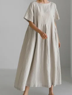 Women's Long Dress Maxi Dress Linen-Inspired Dresses Casual Dress Cotton Linen Dress Stylish Casual Vacation Daily Date Regular Fit Plain Short Sleeve Crew Neck Navy Blue Dark Green Apricot Summer