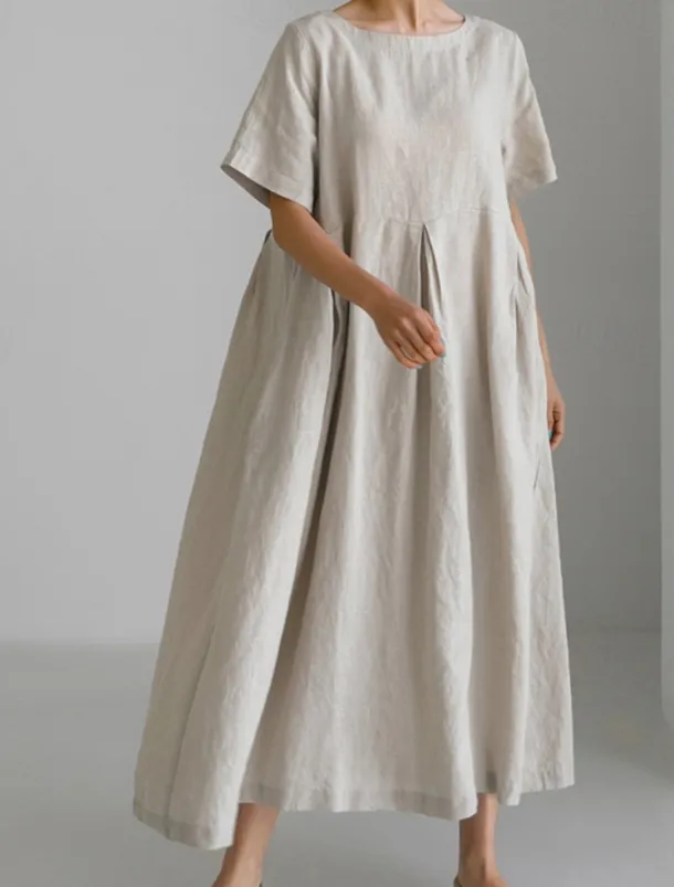 Women's Long Dress Maxi Dress Linen-Inspired Dresses Casual Dress Cotton Linen Dress Stylish Casual Vacation Daily Date Regular Fit Plain Short Sleeve Crew Neck Navy Blue Dark Green Apricot Summer