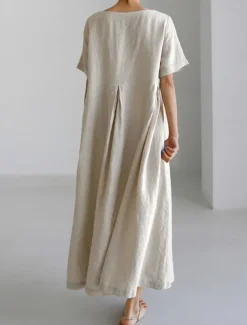 Women's Long Dress Maxi Dress Linen-Inspired Dresses Casual Dress Cotton Linen Dress Stylish Casual Vacation Daily Date Regular Fit Plain Short Sleeve Crew Neck Navy Blue Dark Green Apricot Summer