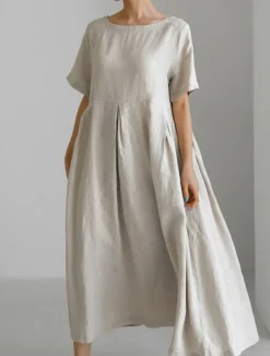 Women's Long Dress Maxi Dress Linen-Inspired Dresses Casual Dress Cotton Linen Dress Stylish Casual Vacation Daily Date Regular Fit Plain Short Sleeve Crew Neck Navy Blue Dark Green Apricot Summer