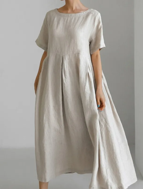 Women's Long Dress Maxi Dress Linen-Inspired Dresses Casual Dress Cotton Linen Dress Stylish Casual Vacation Daily Date Regular Fit Plain Short Sleeve Crew Neck Navy Blue Dark Green Apricot Summer