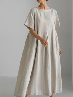 Women's Long Dress Maxi Dress Linen-Inspired Dresses Casual Dress Cotton Linen Dress Stylish Casual Vacation Daily Date Regular Fit Plain Short Sleeve Crew Neck Navy Blue Dark Green Apricot Summer