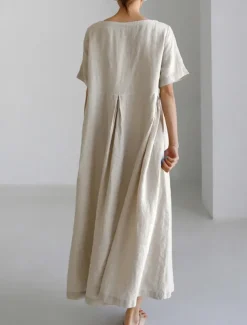 Women's Long Dress Maxi Dress Linen-Inspired Dresses Casual Dress Cotton Linen Dress Stylish Casual Vacation Daily Date Regular Fit Plain Short Sleeve Crew Neck Navy Blue Dark Green Apricot Summer