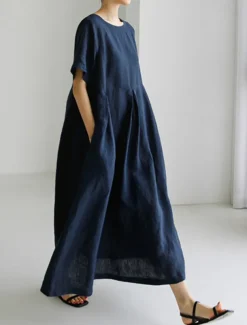 Women's Long Dress Maxi Dress Linen-Inspired Dresses Casual Dress Cotton Linen Dress Stylish Casual Vacation Daily Date Regular Fit Plain Short Sleeve Crew Neck Navy Blue Dark Green Apricot Summer