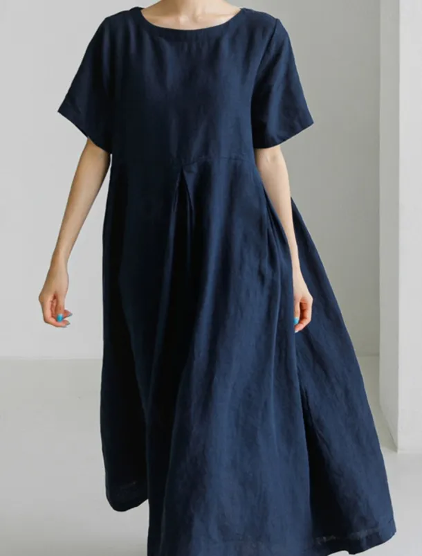 Women's Long Dress Maxi Dress Linen-Inspired Dresses Casual Dress Cotton Linen Dress Stylish Casual Vacation Daily Date Regular Fit Plain Short Sleeve Crew Neck Navy Blue Dark Green Apricot Summer