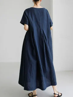 Women's Long Dress Maxi Dress Linen-Inspired Dresses Casual Dress Cotton Linen Dress Stylish Casual Vacation Daily Date Regular Fit Plain Short Sleeve Crew Neck Navy Blue Dark Green Apricot Summer