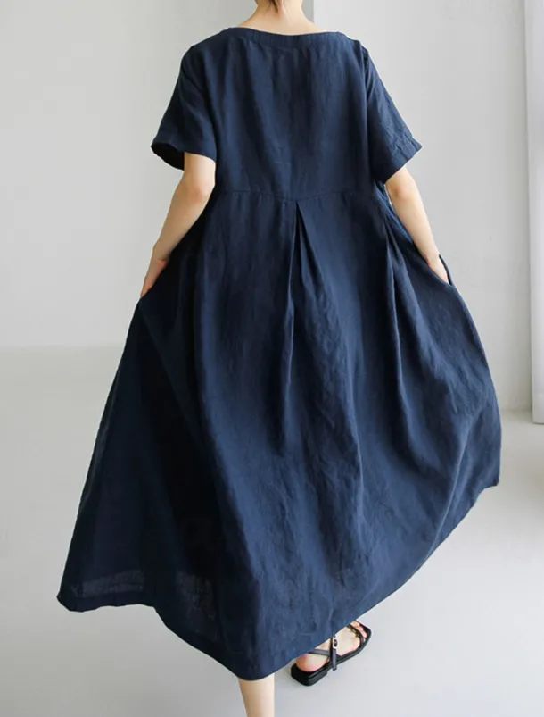 Women's Long Dress Maxi Dress Linen-Inspired Dresses Casual Dress Cotton Linen Dress Stylish Casual Vacation Daily Date Regular Fit Plain Short Sleeve Crew Neck Navy Blue Dark Green Apricot Summer