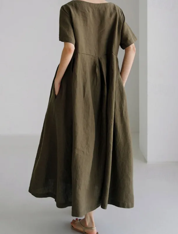 Women's Long Dress Maxi Dress Linen-Inspired Dresses Casual Dress Cotton Linen Dress Stylish Casual Vacation Daily Date Regular Fit Plain Short Sleeve Crew Neck Navy Blue Dark Green Apricot Summer
