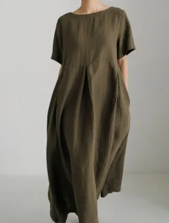 Women's Long Dress Maxi Dress Linen-Inspired Dresses Casual Dress Cotton Linen Dress Stylish Casual Vacation Daily Date Regular Fit Plain Short Sleeve Crew Neck Navy Blue Dark Green Apricot Summer