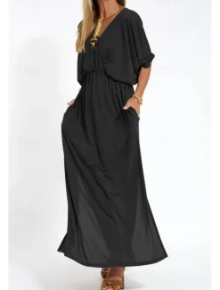 Women's Long Dress Maxi Dress Casual Dress Cocktail Dress Wedding Guest Dress Chiffon Dress Fashion Vacation Going out Weekend Regular Fit Plain Long Sleeve V Neck Black White Yellow Pink Summer