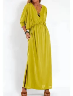Women's Long Dress Maxi Dress Casual Dress Cocktail Dress Wedding Guest Dress Chiffon Dress Fashion Vacation Going out Weekend Regular Fit Plain Long Sleeve V Neck Black White Yellow Pink Summer