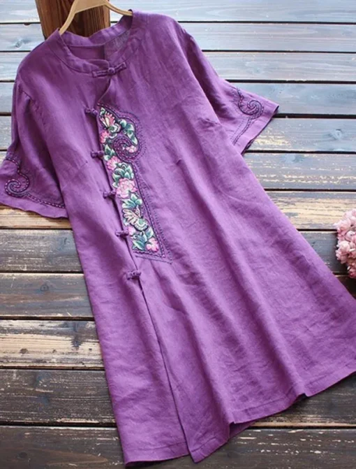 Women's Long Dress Maxi Dress Linen-Inspired Dresses Casual Dress Vintage Stylish Casual Vacation Daily Regular Fit Floral Short Sleeve Stand Collar Blue Purple Summer