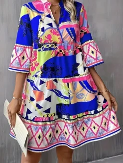 Women's Long Dress Maxi Dress Casual Dress A Line Dress Elegant Stylish Basic Flared Sleeve Vacation Daily Regular Fit Geometric Half Sleeve V Neck Blue Green Summer Spring