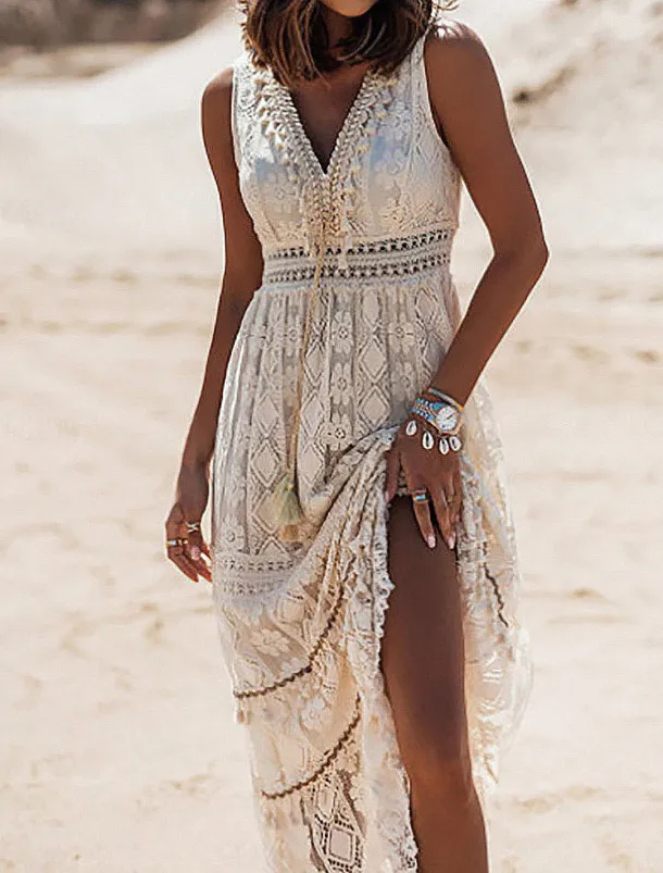 Women's Long Dress Maxi Dress Maxi Dress White Dress Boho Chic Dresses Boho Dress Bohemia Wedding Vacation Date Regular Fit Sleeveless V Neck White Apricot Summer