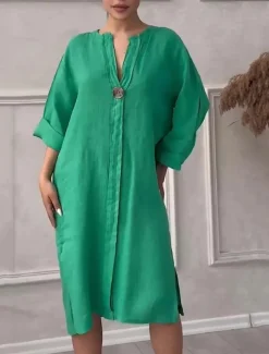 Women's Long Dress Maxi Dress Linen-Inspired Dresses Casual Dress Stylish Casual Vacation Daily Date Regular Fit Plain Long Sleeve V Neck Black Light Green Pink Red Summer Spring