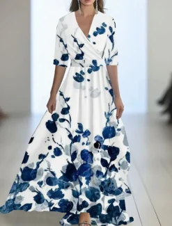 Women's Long Dress Maxi Dress Casual Dress Swing Dress Summer Dress Elegant Fashion Romantic Outdoor Party Holiday Regular Fit Flower Half Sleeve V Neck Blue Khaki Summer