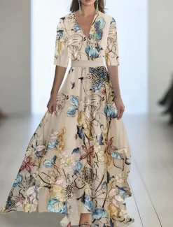Women's Long Dress Maxi Dress Casual Dress Swing Dress Summer Dress Elegant Fashion Romantic Outdoor Party Holiday Regular Fit Flower Half Sleeve V Neck Blue Khaki Summer