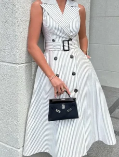 Women's Long Dress Maxi Dress Blazer Dress A Line Dress Elegant Stylish Formal Work Daily Date Regular Fit Stripe Sleeveless Shirt Collar White Summer Spring Fall