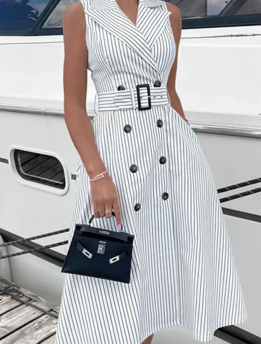 Women's Long Dress Maxi Dress Blazer Dress A Line Dress Elegant Stylish Formal Work Daily Date Regular Fit Stripe Sleeveless Shirt Collar White Summer Spring Fall