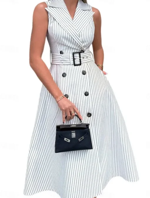 Women's Long Dress Maxi Dress Blazer Dress A Line Dress Elegant Stylish Formal Work Daily Date Regular Fit Stripe Sleeveless Shirt Collar White Summer Spring Fall
