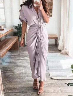 Women's Long Dress Maxi Dress Shirt Dress Casual Dress Summer Dress Stylish Casual Vacation Daily Date Regular Fit Plain Short Sleeve Lapel Black Champagne Red Light Purple Summer Spring