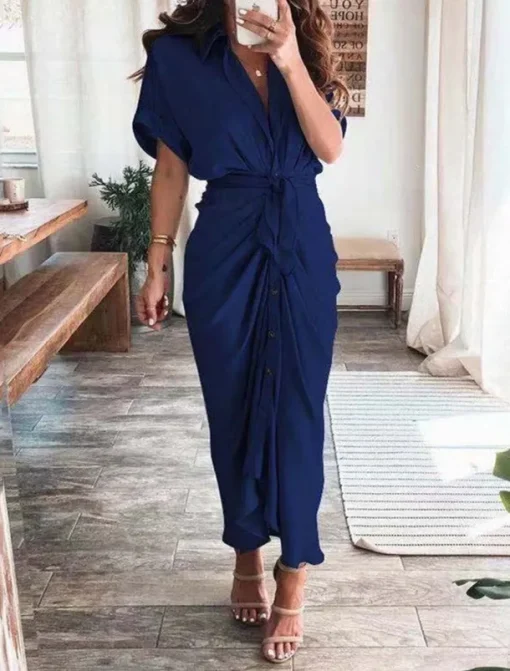 Women's Long Dress Maxi Dress Shirt Dress Casual Dress Summer Dress Stylish Casual Vacation Daily Date Regular Fit Plain Short Sleeve Lapel Black Champagne Red Light Purple Summer Spring