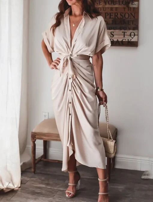 Women's Long Dress Maxi Dress Shirt Dress Casual Dress Summer Dress Stylish Casual Vacation Daily Date Regular Fit Plain Short Sleeve Lapel Black Champagne Red Light Purple Summer Spring