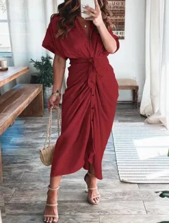 Women's Long Dress Maxi Dress Shirt Dress Casual Dress Summer Dress Stylish Casual Vacation Daily Date Regular Fit Plain Short Sleeve Lapel Black Champagne Red Light Purple Summer Spring