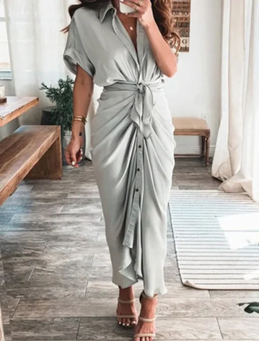 Women's Long Dress Maxi Dress Shirt Dress Casual Dress Summer Dress Stylish Casual Vacation Daily Date Regular Fit Plain Short Sleeve Lapel Black Champagne Red Light Purple Summer Spring