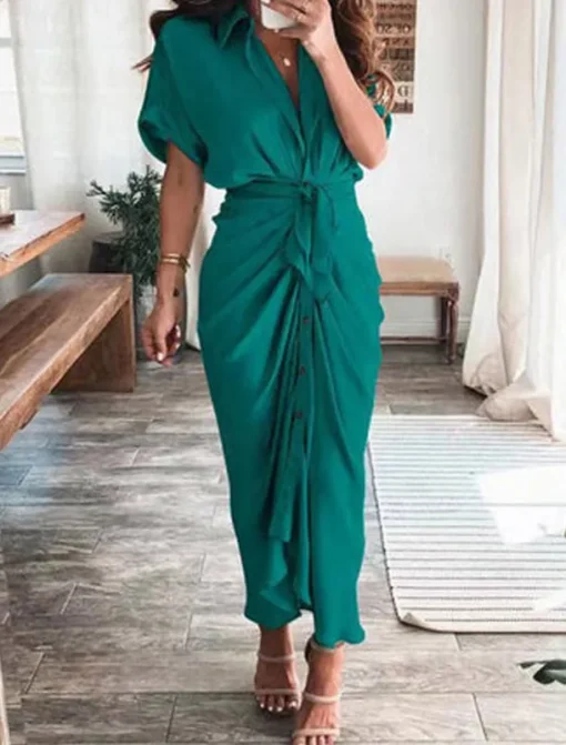 Women's Long Dress Maxi Dress Shirt Dress Casual Dress Summer Dress Stylish Casual Vacation Daily Date Regular Fit Plain Short Sleeve Lapel Black Champagne Red Light Purple Summer Spring