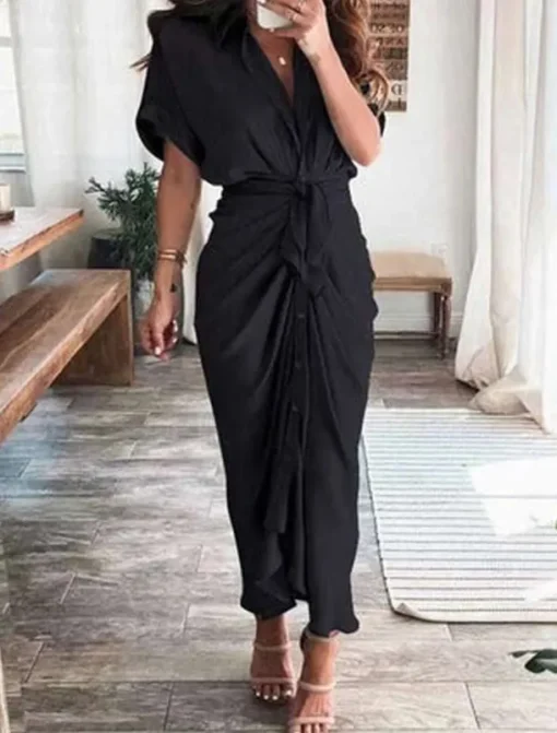 Women's Long Dress Maxi Dress Shirt Dress Casual Dress Summer Dress Stylish Casual Vacation Daily Date Regular Fit Plain Short Sleeve Lapel Black Champagne Red Light Purple Summer Spring