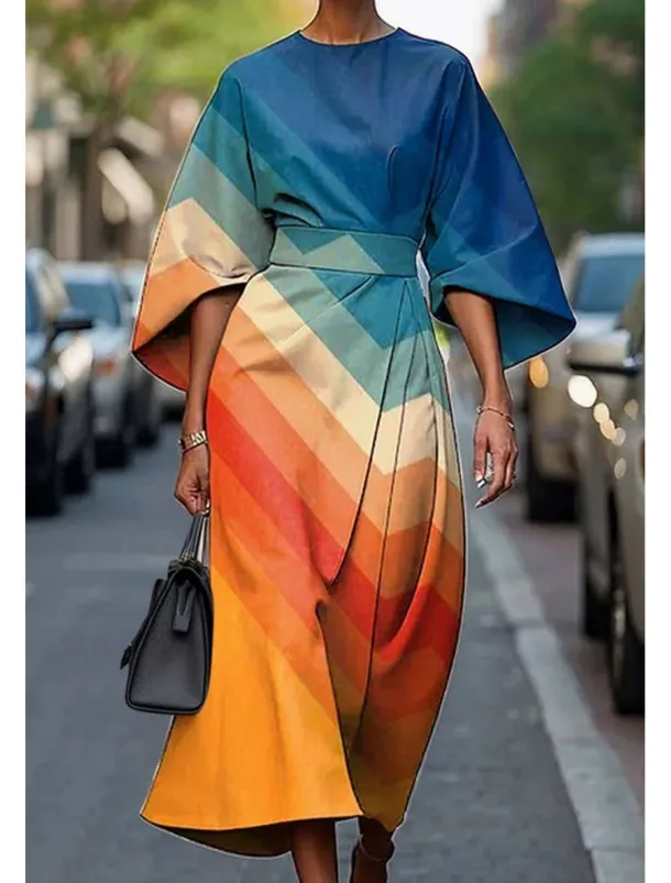 Women's Long Dress Maxi Dress Casual Dress Summer Dress Fashion Modern Daily Date Weekend Regular Fit Geometric 3/4 Length Sleeve Crew Neck Pink Blue Purple Fuchsia Summer