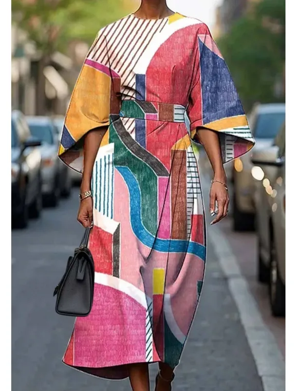 Women's Long Dress Maxi Dress Casual Dress Summer Dress Fashion Modern Daily Date Weekend Regular Fit Geometric 3/4 Length Sleeve Crew Neck Pink Blue Purple Fuchsia Summer